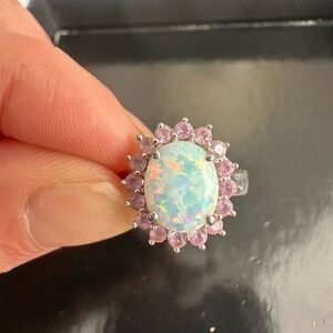 Sterling silver Opal and Pink Sapphire Halo Ring